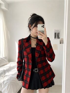 Dumas 100% wool Red Plaid Tailored Blazer Jacket - XL